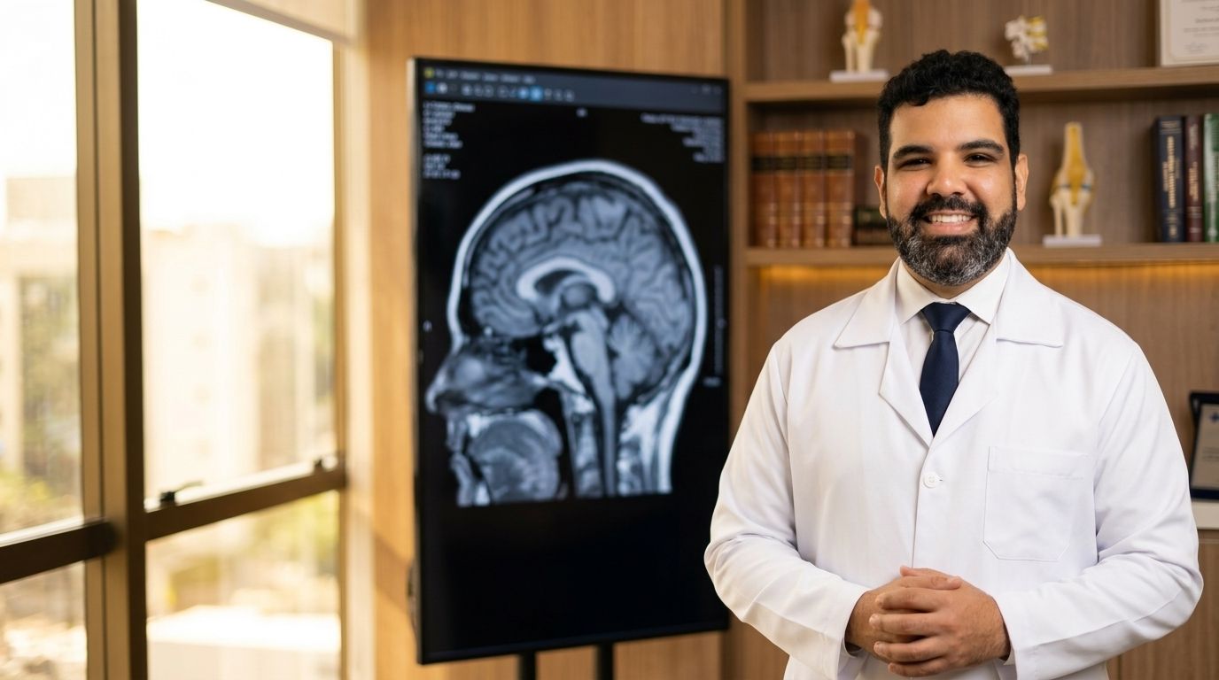 Dr. Enrico Pinheiro, neurocirurgião em Fortaleza, analisando exame de ressonância
