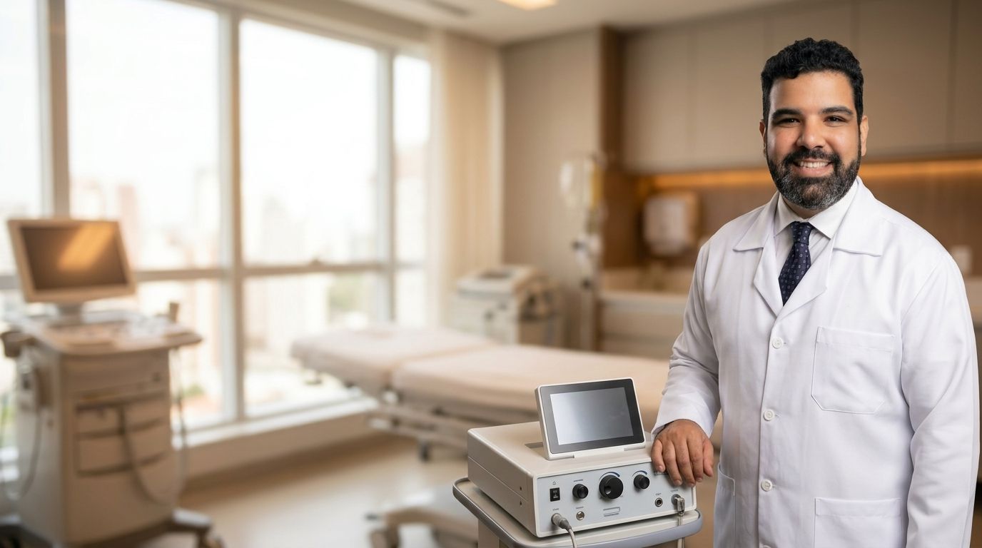 Dr. Enrico Pinheiro ao lado de equipamento de radiofrequência
