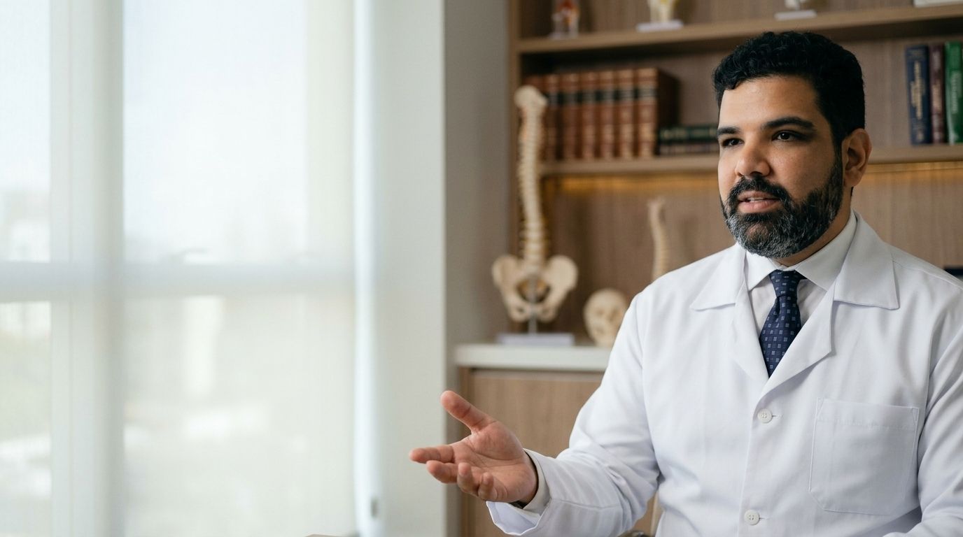 Dr. Enrico Pinheiro em consulta, escutando atentamente