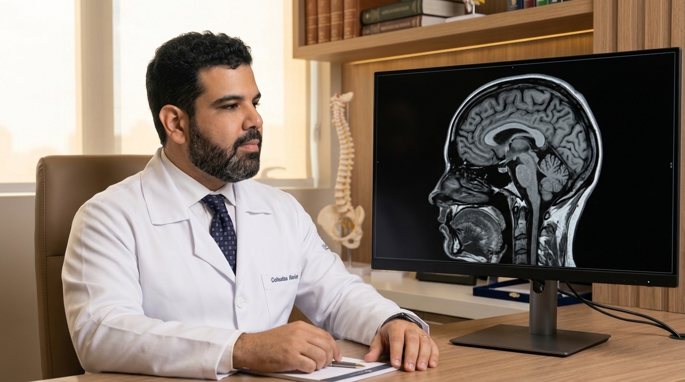 Dr. Enrico Pinheiro, neurocirurgião em Fortaleza, analisando ressonância magnética sagital de crânio no consultório da Aldeota