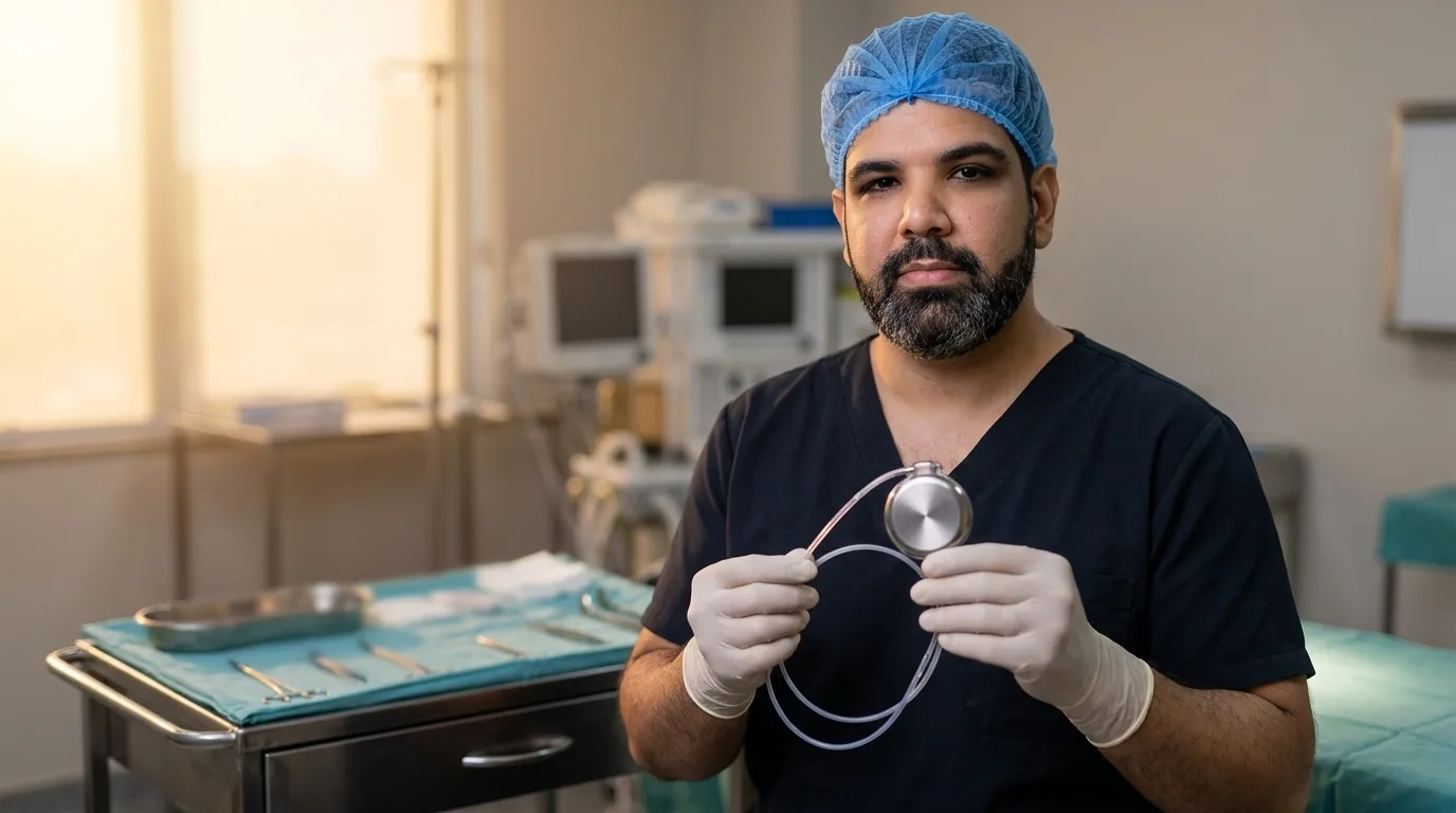 Dr. Enrico em sala hospitalar mostrando a bomba intratecal e o cateter flexível de silicone usados no sistema