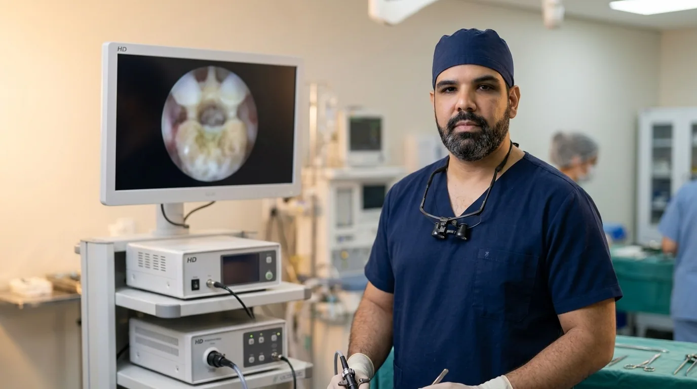 Dr. Enrico em bloco cirúrgico ao lado da torre de endoscopia de coluna