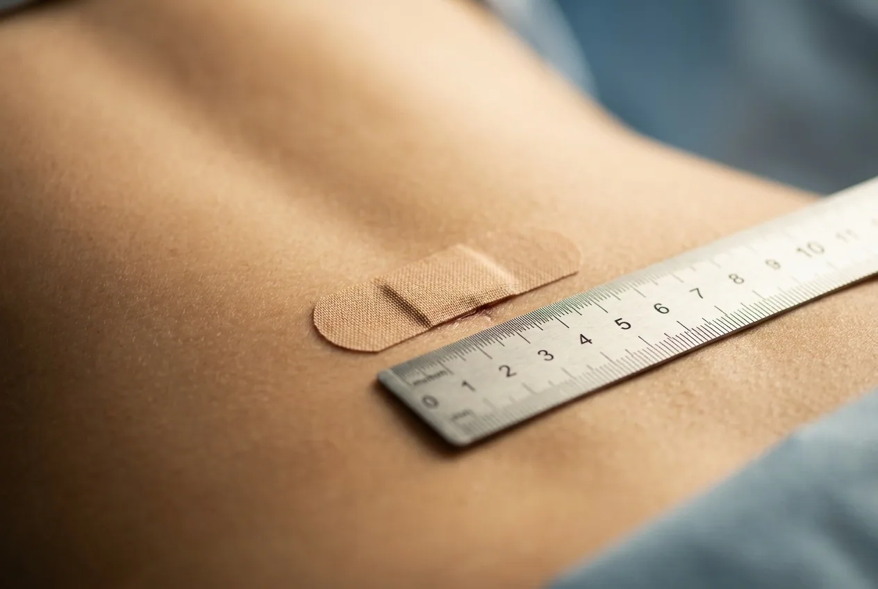 Incisão da cirurgia endoscópica da coluna medida em régua, mostrando menos de 1 cm