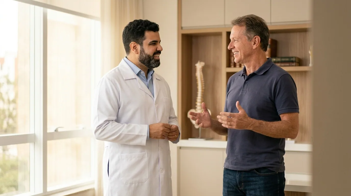 Dr. Enrico em consultório conversando com paciente, revisando exames e plano de tratamento