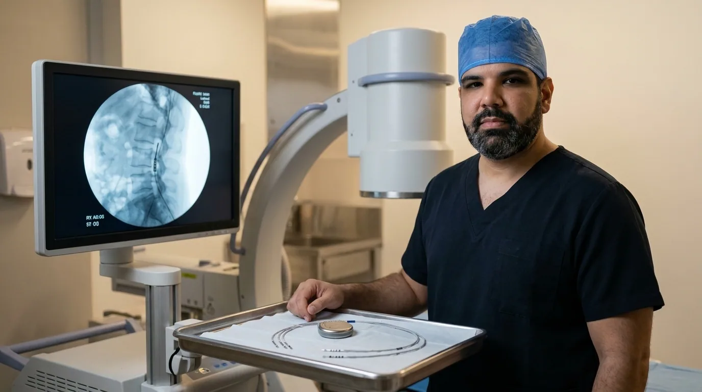 Dr. Enrico em sala hospitalar ao lado do C-arm de fluoroscopia e do gerador de neuroestimulação