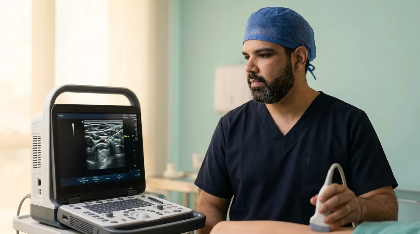 Dr. Enrico em sala de procedimentos ao lado do aparelho de ultrassom usado para guiar a infiltração da coluna