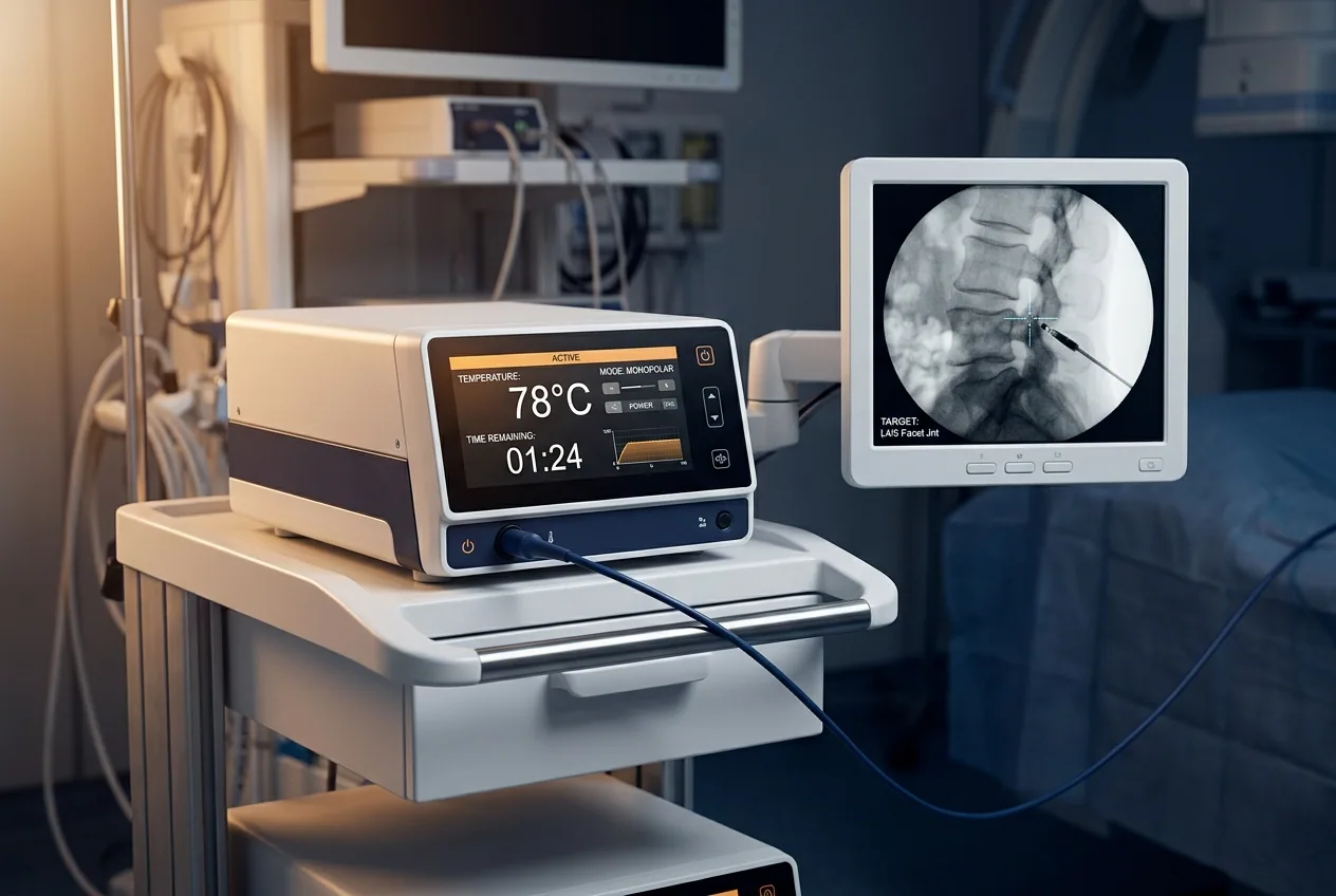 Gerador de radiofrequência com display de temperatura e monitor de fluoroscopia com agulha-eletrodo posicionada na articulação facetária