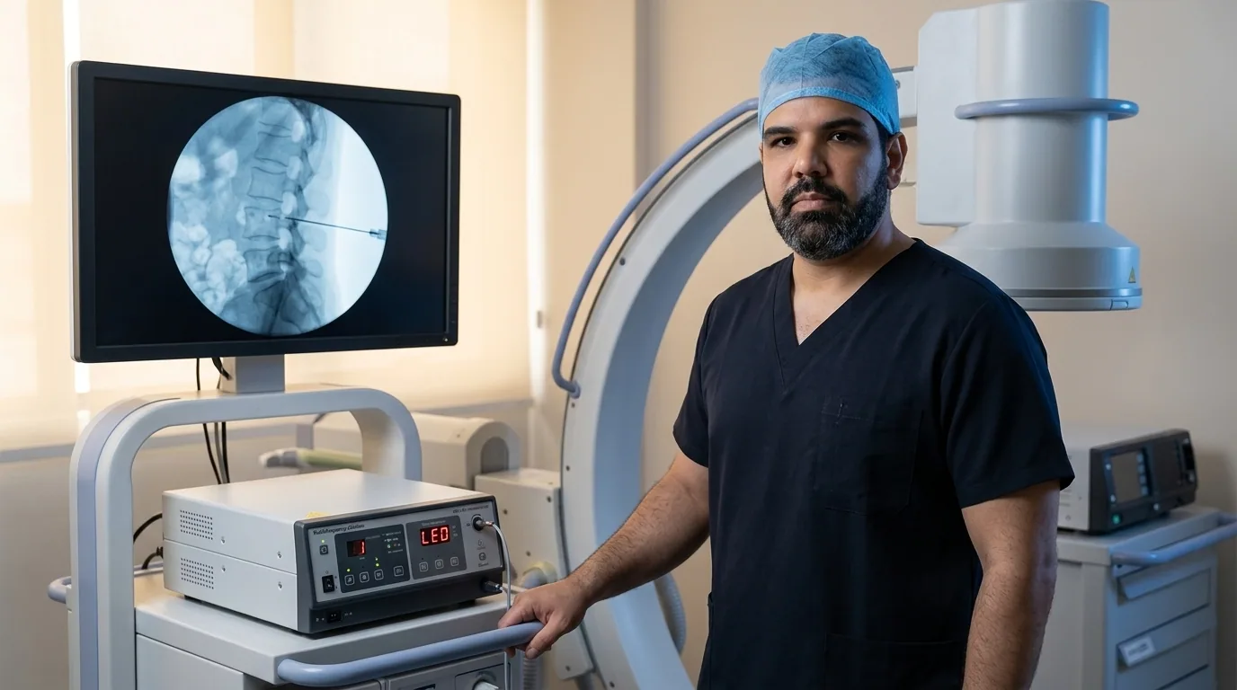 Dr. Enrico em sala hospitalar ao lado do C-arm de fluoroscopia e do gerador de radiofrequência para procedimento na coluna