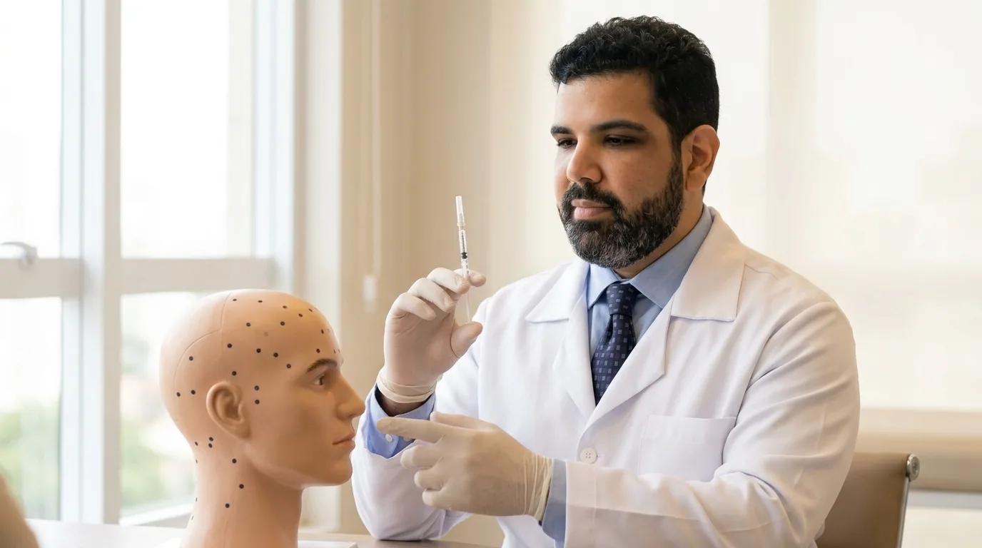 Dr. Enrico com modelo anatômico da cabeça mostrando os 31 pontos de aplicação do protocolo PREEMPT para enxaqueca crônica