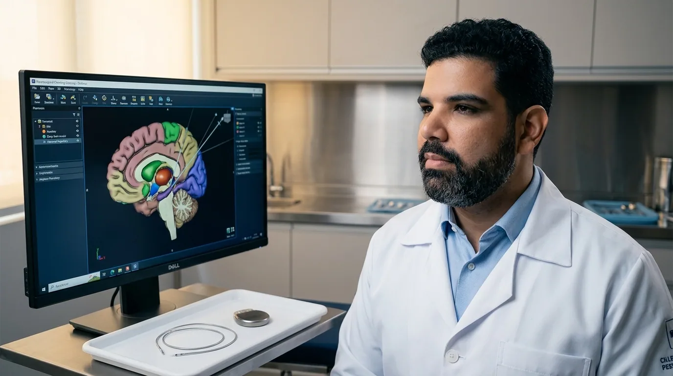 Dr. Enrico Pinheiro no console de planejamento neurocirúrgico funcional, analisando anatomia cerebral em software 3D