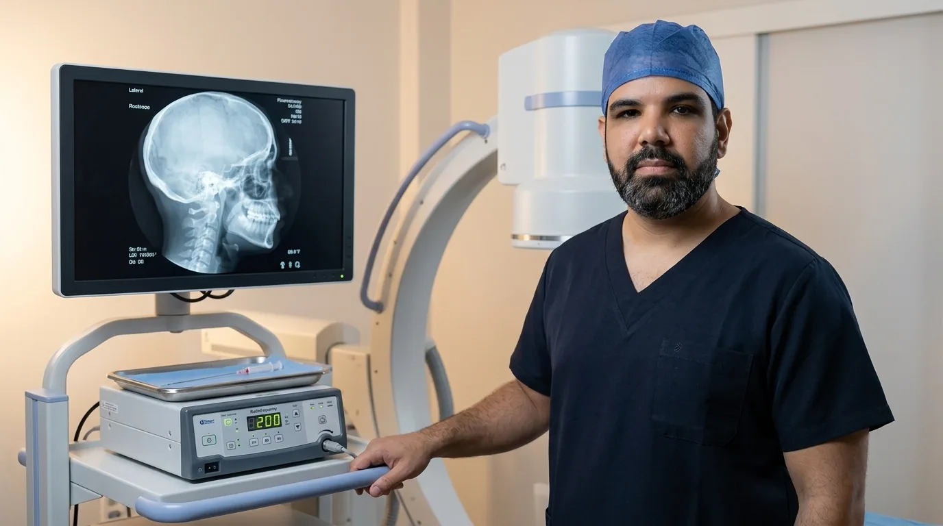Dr. Enrico em sala hospitalar ao lado do C-arm de fluoroscopia e do gerador de radiofrequência usado em procedimentos percutâneos do gânglio de Gasser